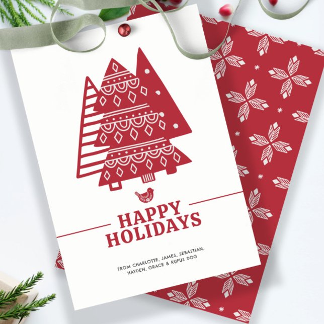Skandinaviska Träd Nordiska Personligen Julkort (Scandinavian Tree Nordic Christmas Personalized Holiday Card by Ricaso. Designed in red and white.)