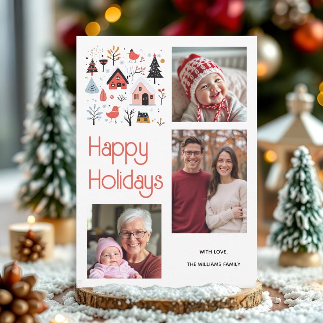 Skandinaviska vinterlandskap med hus jul julkort (Skapare uppladdad)