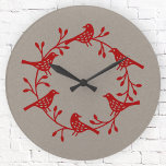 Skandinaviskt fågelandetag rund klocka<br><div class="desc">En modern skandinavisk fågel- och blomkrans. Röd på neutralten. Originalkonst av Nic Squirrell.</div>