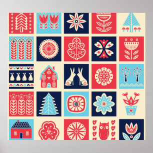 Skandinaviskt folkkonst: vintagens blommigt. poster