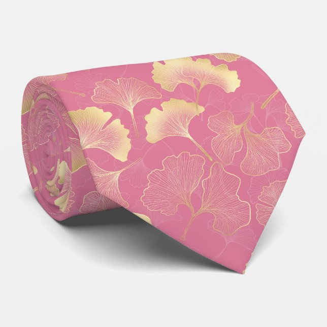 Skandinaviskt Guld Ginkgo Botaniskt Rosa Mönster Slips (Rullad)