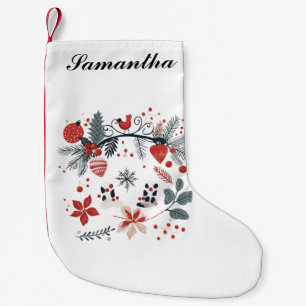Skandinaviskt inspirerad blom- och fågeldesign liten julstrumpa