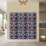 Skandinaviskt inspirerad platta med Blommönster Kakelplatta<br><div class="desc">Den här plattformen har ett symmetriskt, blommigt-inspirerat mönster med en färg-palett med djupa blåsor, , orangar och benvita. Det centrala motivet är en diamantform med en stiliserad blomma inuti, omgiven av böjd, petalliknande inslag. Det större mönster består av upprepade blommigt- och folatformer som skapar en sammanhängande och dekorativ utformning. Bakgrunden...</div>
