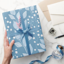 Skandinaviskt Mjukt Blått Blad Vitt Blommönster