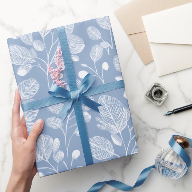 Skandinaviskt Mjukt Blått Blad Vitt Blommönster Presentpapper (Gifting)