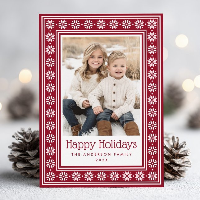 Skandinaviskt stjärnmönstrat kant Glad jul Julkort (Scandinavian star pattern border Happy Holidays Holiday Card)