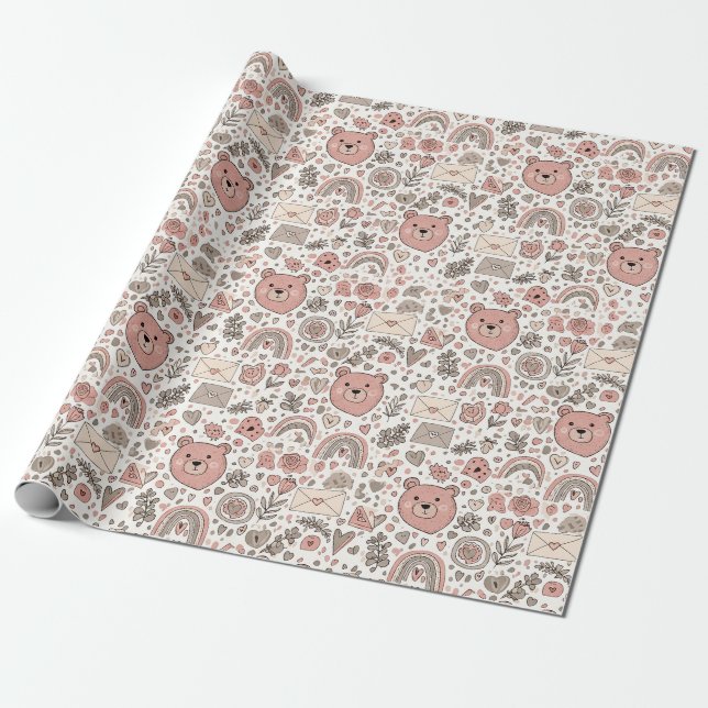 Skandinaviskt Teddybjörn Boho-mönster Presentpapper (Utrullad)