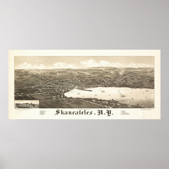 Skaneateles New York 1884 Antique Panoramic Karta Poster (Framsidan)