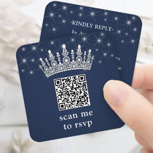 Skanna Mig RSVP QR-kod Quinceañera Krona Marinblå Tilläggskort
