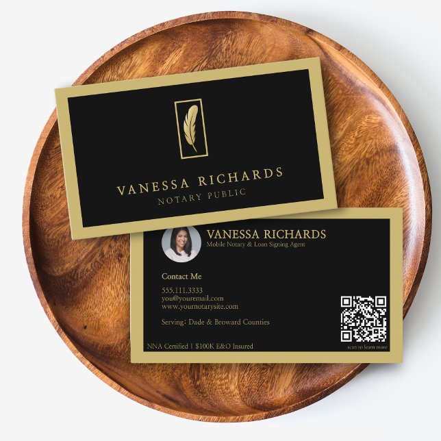 Skannerbar QR Mobile Notary för Luxury Black & Gul Visitkort (Skapare uppladdad)