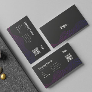 Skannerbar Qrcode för svart, modern vågövertoning Visitkort