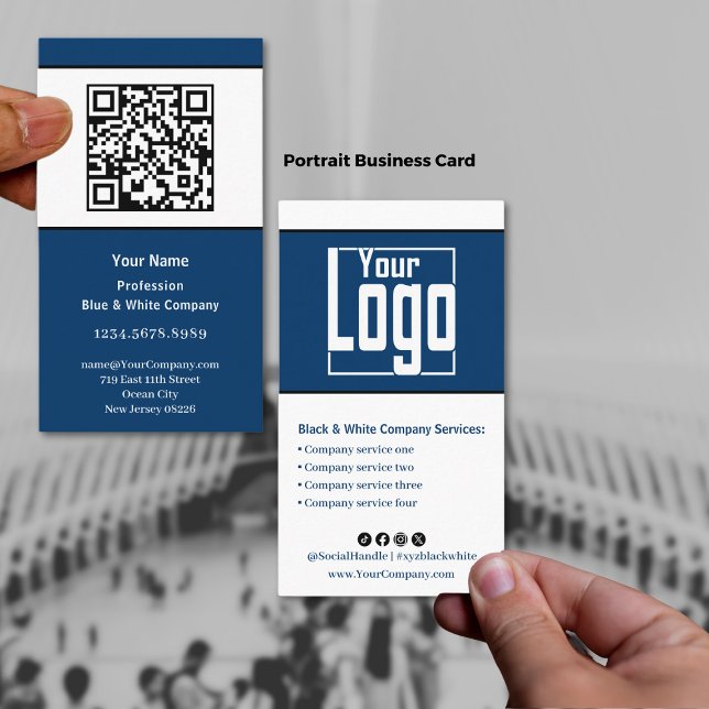 Skannerbar svart, blå och vit Porträtt Visitkort (Scannable Black, Blue & White Portrait Business Card with Logo & QRcode, Service List)