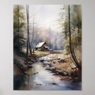 Skåp i Skogen Springtime Watercolor Cabin Poster