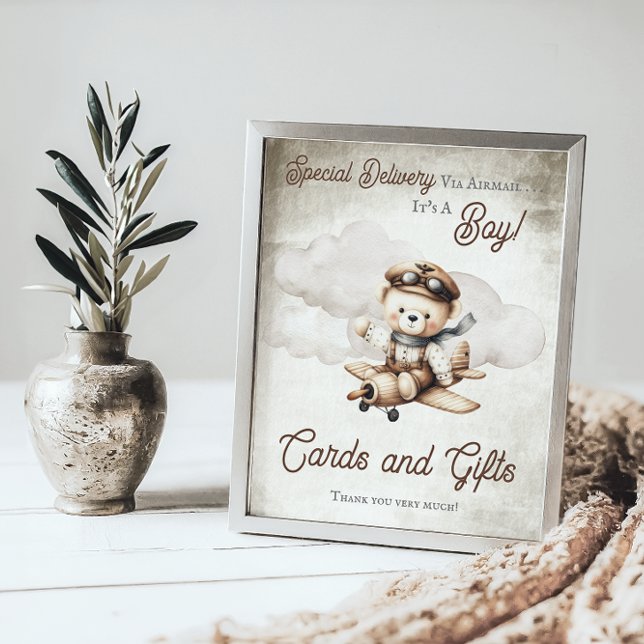 Skåp och skylt över Nallar på flygplan ("Special Delivery Via Airmail  It's A Boy!" Teddy Bear Airplane Baby Shower Cards and Gifts Sign)