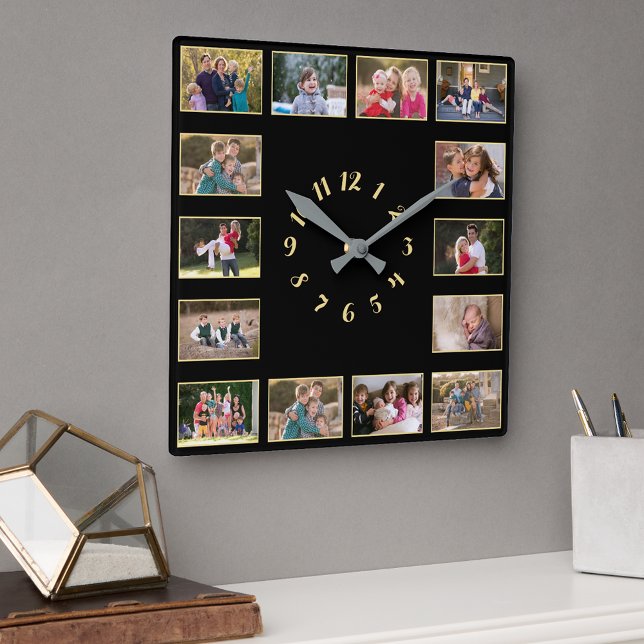 Skapa 14 Fotokollage Guld Svart Familj Minnessaker Fyrkantig Klocka (Create 14 Photo Collage Gold Black Family Keepsake Square Wall Clock)