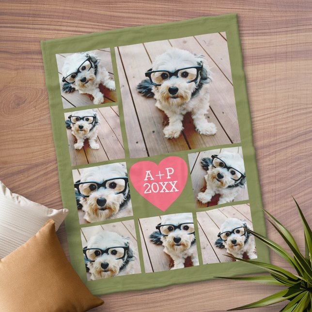 Skapa 8 Photo Collage Heart - gröntens rosa Fleecefilt (Personalized Fleece Blanket)