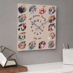 Skapa anpassad familjefotocollage kaffebrunt fyrkantig klocka