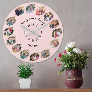 Skapa anpassad familjefotocollage pastellrosa stor klocka