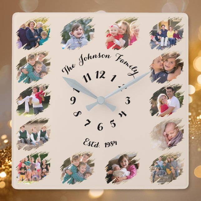 Skapa anpassad familjefotocollage Rustik jord Fyrkantig Klocka (Create Custom Family Photo Collage Rustic Earth Square Wall Clock)