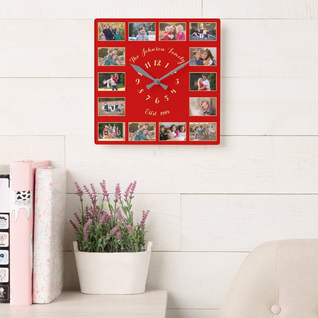 Skapa anpassad julred guld 14 fotokollage fyrkantig klocka (Create Custom Christmas Red Gold 14 Photo Collage Square Wall Clock)