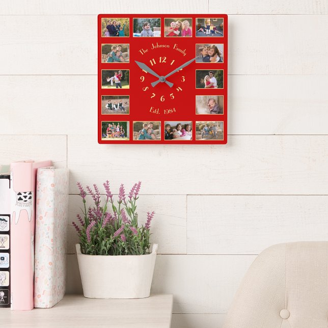 Skapa Anpassningsbar 14 Family Photo Collage Red G Fyrkantig Klocka (Create Custom 14 Family Photo Collage Red Gold Squ Square Wall Clock)