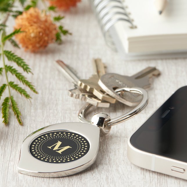 Skapa Anpassningsbar Black Guld Monogrammed Swirl  Swirl Silverfärgad Nyckelring (Create Custom Black Gold Monogrammed Swirl Metal Keychain)