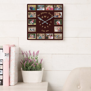 Skapa Anpassningsbar Brown Faux Guld Family Photo Fyrkantig Klocka
