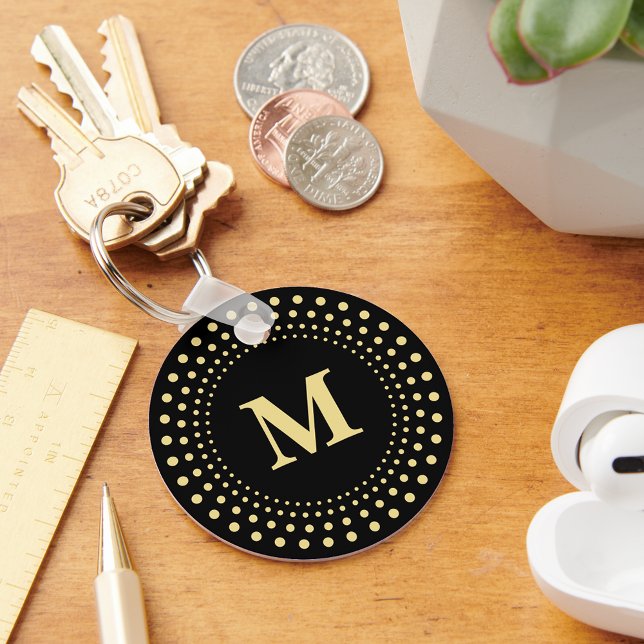 Skapa Anpassningsbar Modern Elegant Black Guld Mon Nyckelring (Create Custom Modern Elegant Black Gold Monogram Keychain)