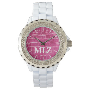 Skapa Anpassningsbar Monogram Shock rosa Faux Croc Armbandsur