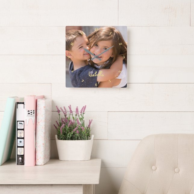 Skapa Anpassningsbar Personlig Baby Kids Photo Nam Fyrkantig Klocka (Läsesal)