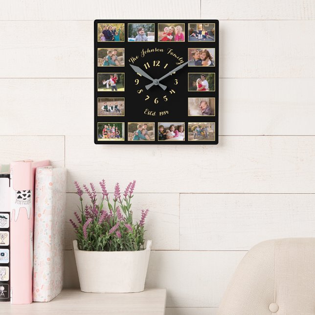 Skapa Anpassningsbar Personlig Family Photo Collag Fyrkantig Klocka (Create Custom Personalized Family Photo Collage Square Wall Clock)