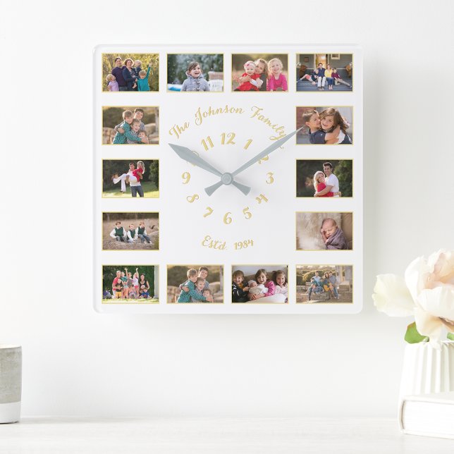 Skapa Anpassningsbar White Faux Guld Family Photo  Fyrkantig Klocka (Create Custom White Faux Gold Family Photo Collage Square Wall Clock)