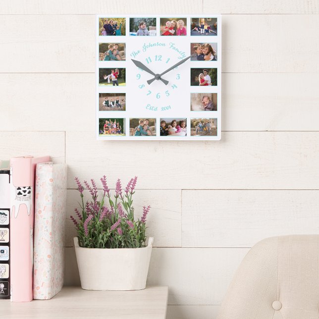 Skapa Anpassningsbar White Teal Family Baby Photo  Fyrkantig Klocka (Create Custom White Teal Family Baby Photo Collage Square Wall Clock)