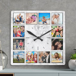 Skapa Anpassningsbarnas foto Collage Elegant Marbl Fyrkantig Klocka<br><div class="desc">Skapa din egen personlig 12-fotokollage väggklocka med anpassningsbar bilder på en snyggt med vit marmorbakgrund i eleganten. Lägg till dina favoritfoton, symboler eller teckningar om du vill skapa något unikt verkligen. Om du vill redigera den här designmallen överför du helt enkelt din egen bild som visas ovan. Du kan enkelt...</div>