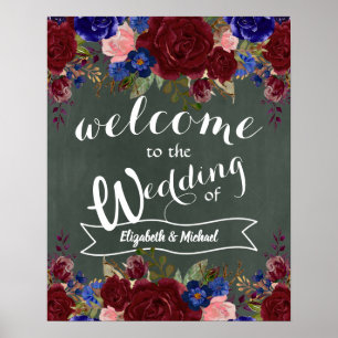 Skapa Bröllop Välkomstskylt Burgundy Blue-Blommigt Poster