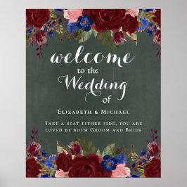 Skapa Bröllop Välkomstskylt Burgundy Blue-Blommigt Poster