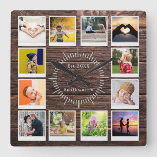 Skapa dig äga Photo Collage Rustic Wood Farmhouse Fyrkantig Klocka