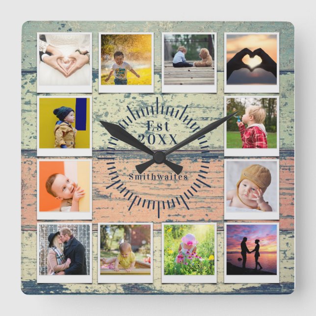 Skapa dig äga Photo Collage Rustic Wood Farmhouse Fyrkantig Klocka (Framsida)