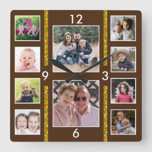 Skapa din egen 10-familjs fotokollage Brown Fyrkantig Klocka