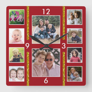 Skapa din egen 10-familjs fotokollage Red Fyrkantig Klocka