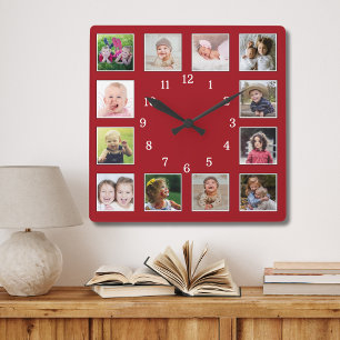 Skapa din egen 12-familjens barn Photo Collage Red Fyrkantig Klocka