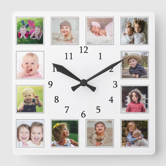 Skapa din egen 12-familjens barn Photo Collage Whi Fyrkantig Klocka (Framsida)