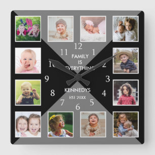 Skapa din egen 12-familjs fotokollage Grått Black Fyrkantig Klocka