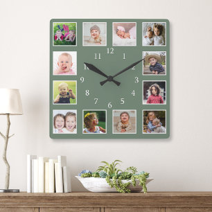 Skapa din egen 12-familjs fotokollage-Grönt Fyrkantig Klocka
