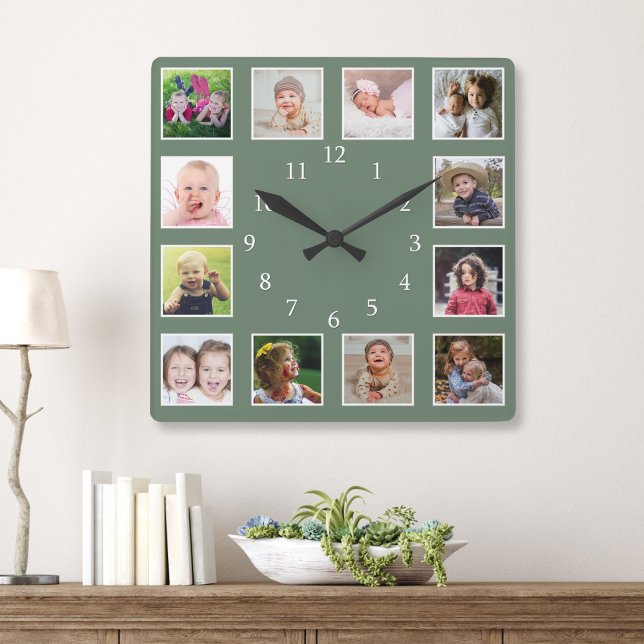 Skapa din egen 12-familjs fotokollage-Grönt Fyrkantig Klocka (Skapare uppladdad)