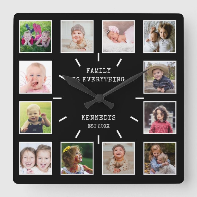 Skapa din egen 12-fotokollage-familjoffert fyrkantig klocka (Framsida)