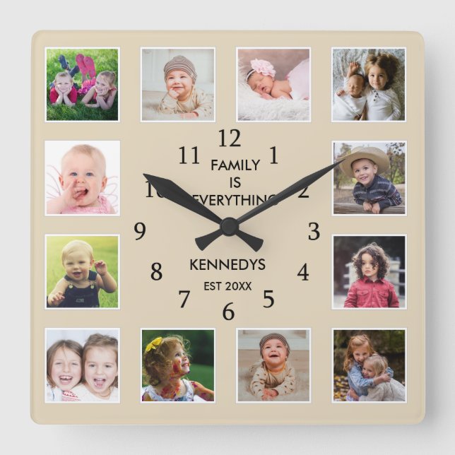 Skapa din egen 12 Photo Collage-familj i Ram Namn Fyrkantig Klocka (Framsida)