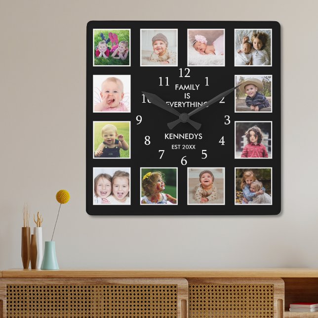 Skapa din egen 12 Photo Collage Ram Black Fyrkantig Klocka (Skapare uppladdad)