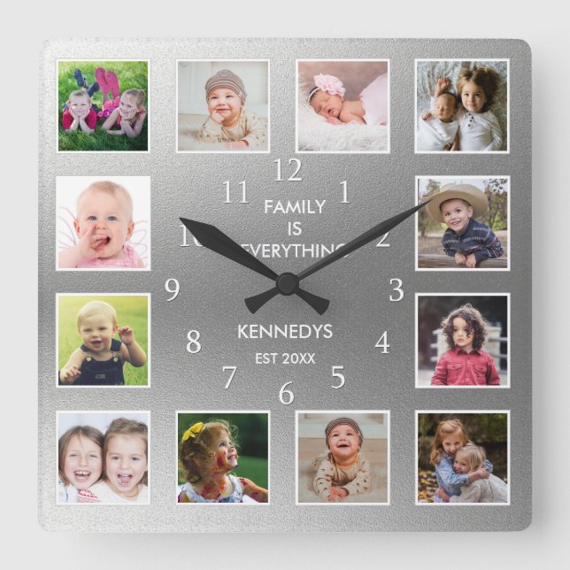 Skapa din egen 12 Photo Collage Ram Silver Fyrkantig Klocka (Framsida)