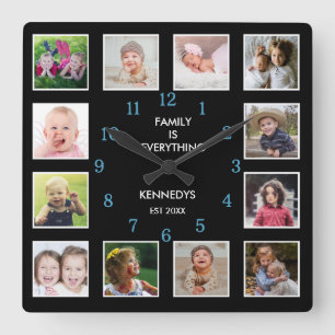 Skapa din egen 12 Photo Collage Teal and Black Fyrkantig Klocka